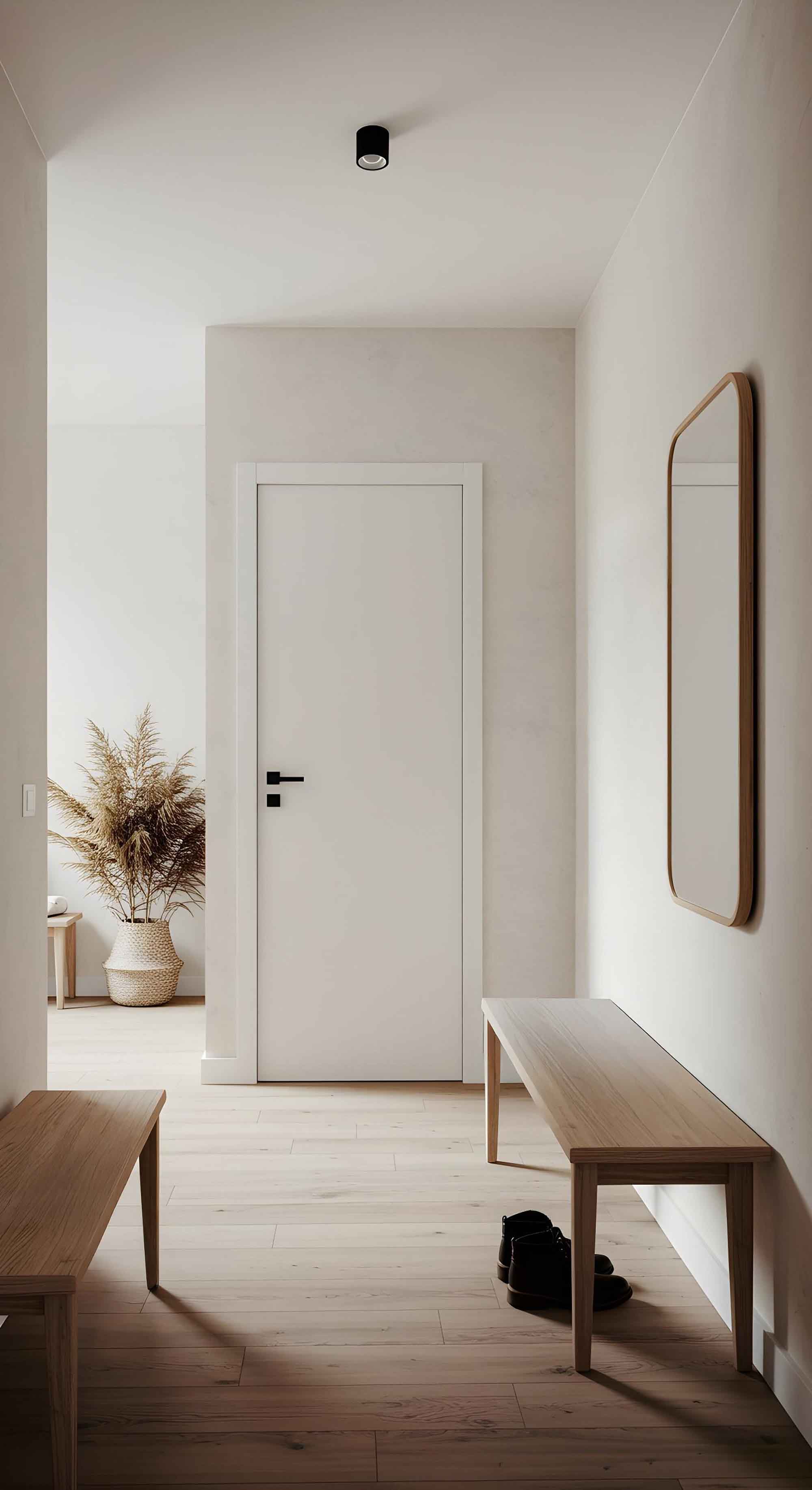 Interior minimalista del pasillo con banco de madera y espejo en Marbella